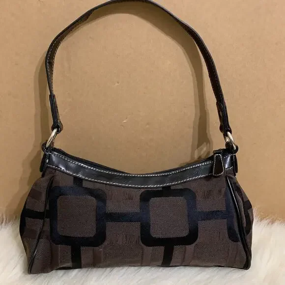 NINE WEST Vintage Y2K Dark Brown & Black Logo Pattern Canvas Hobo Shoulder Bag - Picture 3 of 10